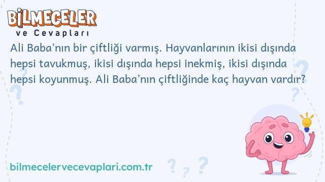 Ali Baba’nın bir çiftliği varmış. Hayvanlarının ikisi dışında hepsi tavukmuş, ikisi dışında hepsi inekmiş, ikisi dışında hepsi koyunmuş. Ali Baba’nın çiftliğinde kaç hayvan vardır?