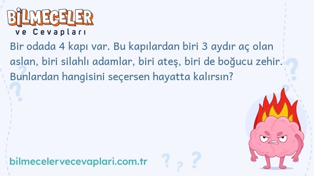 Bir odada 4 kapı var. Bu kapılardan biri 3 aydır aç olan aslan, biri silahlı adamlar, biri ateş, biri de boğucu zehir. Bunlardan hangisini seçersen hayatta kalırsın?