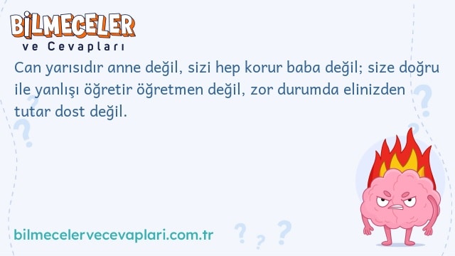 Can yarısıdır anne değil, sizi hep korur baba değil; size doğru ile yanlışı öğretir öğretmen değil, zor durumda elinizden tutar dost değil.