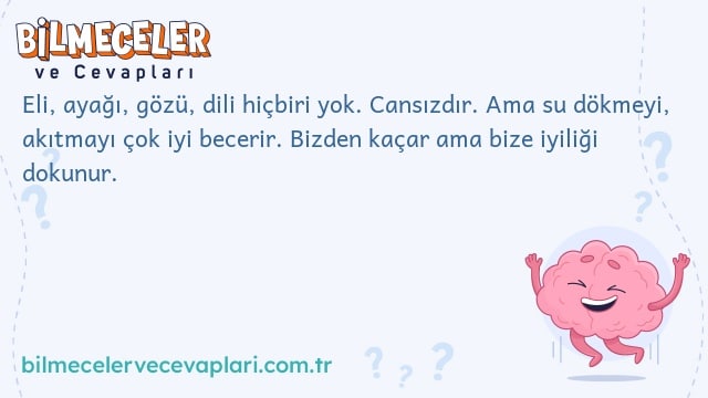 Eli, ayağı, gözü, dili hiçbiri yok. Cansızdır. Ama su dökmeyi, akıtmayı çok iyi becerir. Bizden kaçar ama bize iyiliği dokunur.