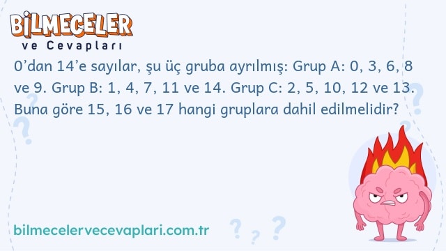 0’dan 14’e sayılar, şu üç gruba ayrılmış: Grup A: 0, 3, 6, 8 ve 9. Grup B: 1, 4, 7, 11 ve 14. Grup C: 2, 5, 10, 12 ve 13. Buna göre 15, 16 ve 17 hangi gruplara dahil edilmelidir?