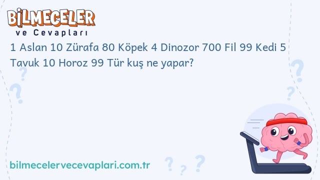 1 Aslan 10 Zürafa 80 Köpek 4 Dinozor 700 Fil 99 Kedi 5 Tavuk 10 Horoz 99 Tür kuş ne yapar?