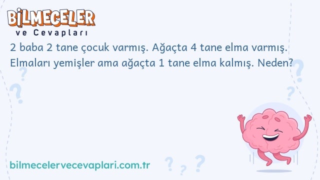 2 baba 2 tane çocuk varmış. Ağaçta 4 tane elma varmış. Elmaları yemişler ama ağaçta 1 tane elma kalmış. Neden?