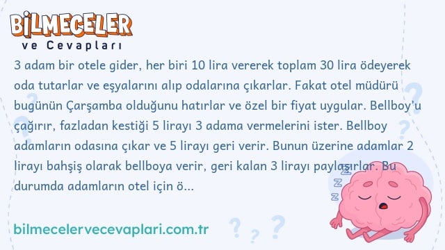 3 adam bir otele gider, her biri 10 lira vererek toplam 30 lira ödeyerek oda tutarlar ve eşyalarını alıp odalarına çıkarlar. Fakat otel müdürü bugünün Çarşamba olduğunu hatırlar ve özel bir fiyat uygular. Bellboy’u çağırır, fazladan kestiği 5 lirayı 3 adama vermelerini ister. Bellboy adamların odasına çıkar ve 5 lirayı geri verir. Bunun üzerine adamlar 2 lirayı bahşiş olarak bellboya verir, geri kalan 3 lirayı paylaşırlar. Bu durumda adamların otel için ödedikleri miktar 9 liradır (daha önce 10 lira vermişlerdi, sonra da 1 lira geri paylaştılar). Sonuçta toplam ödedikleri miktar 3×9=27 liradır. 2 lira da bellboy’a bahşiş verdiler ve sonuçta harcadıkları toplam miktar=27+2=29 liradır. Fakat otele girerken verdikleri para 30 liraydı. O halde 1 lira nereye gitti?