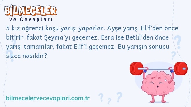 5 kız öğrenci koşu yarışı yaparlar. Ayşe yarışı Elif’den önce bitirir, fakat Şeyma’yı geçemez. Esra ise Betül’den önce yarışı tamamlar, fakat Elif’i geçemez. Bu yarışın sonucu sizce nasıldır?