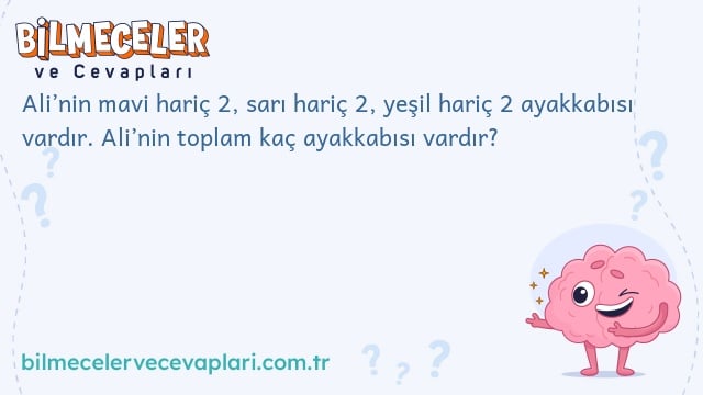 Ali’nin mavi hariç 2, sarı hariç 2, yeşil hariç 2 ayakkabısı vardır. Ali’nin toplam kaç ayakkabısı vardır?