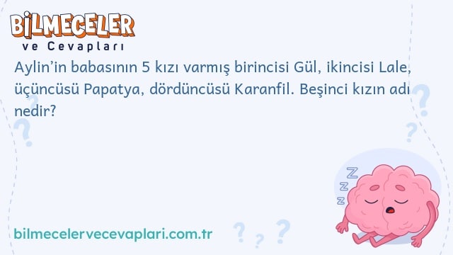 Aylin’in babasının 5 kızı varmış birincisi Gül, ikincisi Lale, üçüncüsü Papatya, dördüncüsü Karanfil. Beşinci kızın adı nedir?