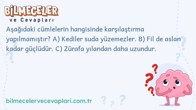 Aşağıdaki cümlelerin hangisinde karşılaştırma yapılmamıştır? A) Kediler suda yüzemezler. B) Fil de aslan kadar güçlüdür. C) Zürafa yılandan daha uzundur.