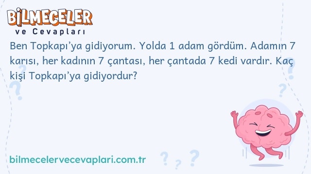 Ben Topkapı’ya gidiyorum. Yolda 1 adam gördüm. Adamın 7 karısı, her kadının 7 çantası, her çantada 7 kedi vardır. Kaç kişi Topkapı’ya gidiyordur?