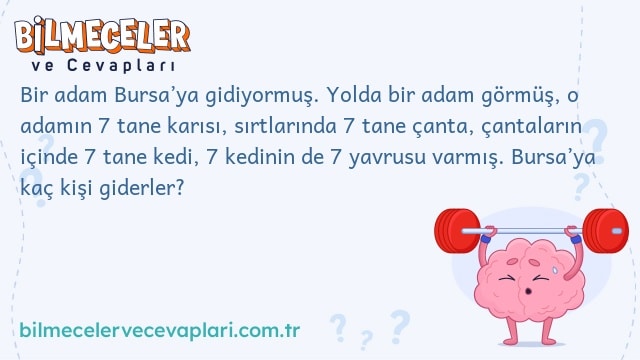 Bir adam Bursa’ya gidiyormuş. Yolda bir adam görmüş, o adamın 7 tane karısı, sırtlarında 7 tane çanta, çantaların içinde 7 tane kedi, 7 kedinin de 7 yavrusu varmış. Bursa’ya kaç kişi giderler?