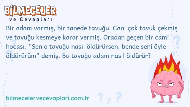 Bir adam varmış, bir tanede tavuğu. Canı çok tavuk çekmiş ve tavuğu kesmeye karar vermiş. Oradan geçen bir cami hocası, “Sen o tavuğu nasıl öldürürsen, bende seni öyle öldürürüm” demiş. Bu tavuğu adam nasıl öldürür?