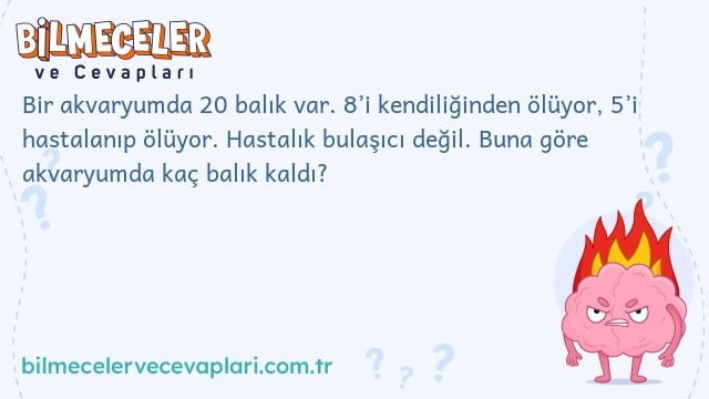 Bir akvaryumda 20 balık var. 8’i kendiliğinden ölüyor, 5’i hastalanıp ölüyor. Hastalık bulaşıcı değil. Buna göre akvaryumda kaç balık kaldı?