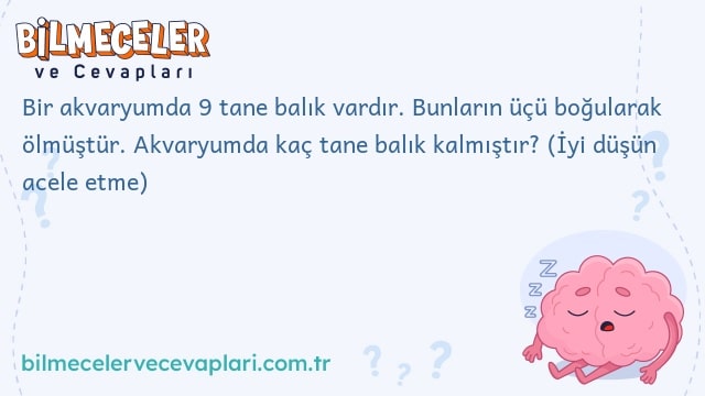 Bir akvaryumda 9 tane balık vardır. Bunların üçü boğularak ölmüştür. Akvaryumda kaç tane balık kalmıştır? (İyi düşün acele etme)