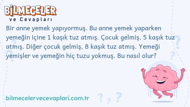 Bir anne yemek yapıyormuş. Bu anne yemek yaparken yemeğin içine 1 kaşık tuz atmış. Çocuk gelmiş, 5 kaşık tuz atmış. Diğer çocuk gelmiş, 8 kaşık tuz atmış. Yemeği yemişler ve yemeğin hiç tuzu yokmuş. Bu nasıl olur?