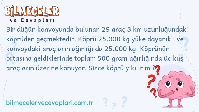 Bir düğün konvoyunda bulunan 29 araç 3 km uzunluğundaki köprüden geçmektedir. Köprü 25.000 kg yüke dayanıklı ve konvoydaki araçların ağırlığı da 25.000 kg. Köprünün ortasına geldiklerinde toplam 500 gram ağırlığında üç kuş araçların üzerine konuyor. Sizce köprü yıkılır mı?