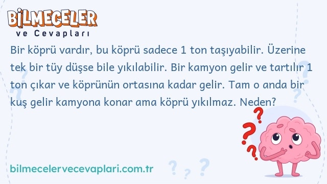 Bir köprü vardır, bu köprü sadece 1 ton taşıyabilir. Üzerine tek bir tüy düşse bile yıkılabilir. Bir kamyon gelir ve tartılır 1 ton çıkar ve köprünün ortasına kadar gelir. Tam o anda bir kuş gelir kamyona konar ama köprü yıkılmaz. Neden?