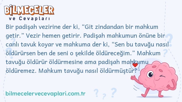 Bir padişah vezirine der ki, “Git zindandan bir mahkum getir.” Vezir hemen getirir. Padişah mahkumun önüne bir canlı tavuk koyar ve mahkuma der ki, “Sen bu tavuğu nasıl öldürürsen ben de seni o şekilde öldüreceğim.” Mahkum tavuğu öldürür öldürmesine ama padişah mahkumu öldüremez. Mahkum tavuğu nasıl öldürmüştür?