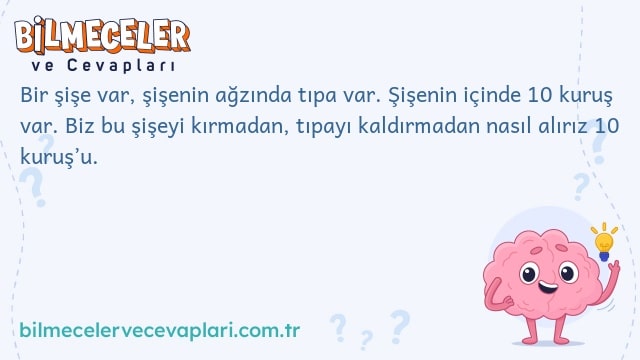 Bir şişe var, şişenin ağzında tıpa var. Şişenin içinde 10 kuruş var. Biz bu şişeyi kırmadan, tıpayı kaldırmadan nasıl alırız 10 kuruş’u.