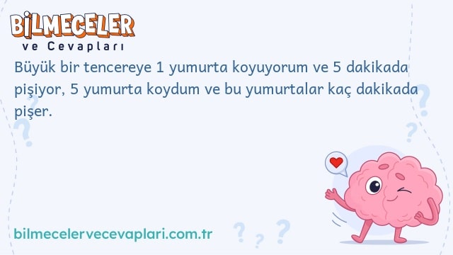 Büyük bir tencereye 1 yumurta koyuyorum ve 5 dakikada pişiyor, 5 yumurta koydum ve bu yumurtalar kaç dakikada pişer.