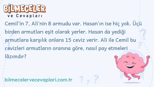 Cemil’in 7, Ali’nin 8 armudu var. Hasan’ın ise hiç yok. Üçü birden armutları eşit olarak yerler. Hasan da yediği armutlara karşılık onlara 15 ceviz verir. Ali ile Cemil bu cevizleri armutların oranına göre, nasıl pay etmeleri lâzımdır?