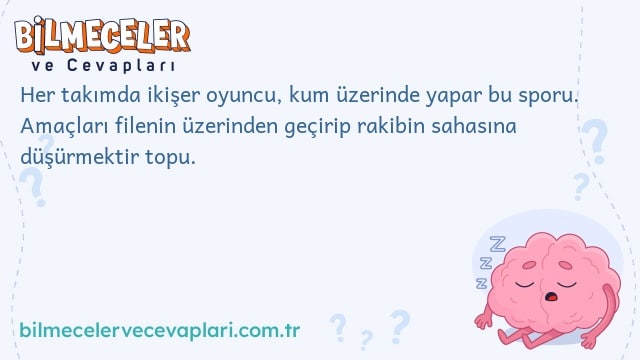 Her takımda ikişer oyuncu, kum üzerinde yapar bu sporu. Amaçları filenin üzerinden geçirip rakibin sahasına düşürmektir topu.