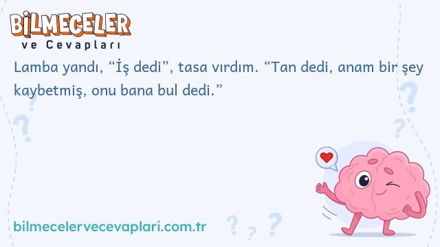 Lamba yandı, “İş dedi”, tasa vırdım. “Tan dedi, anam bir şey kaybetmiş, onu bana bul dedi.”