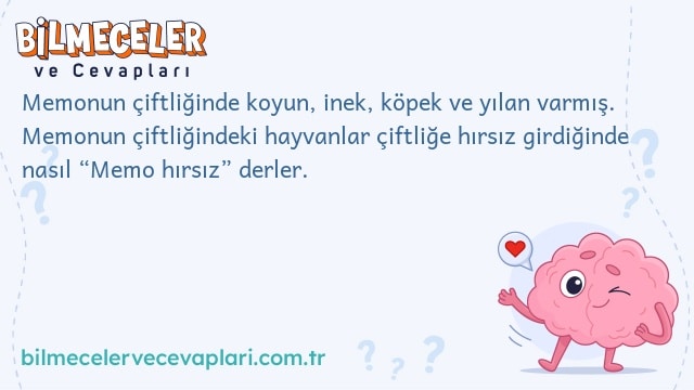 Memonun çiftliğinde koyun, inek, köpek ve yılan varmış. Memonun çiftliğindeki hayvanlar çiftliğe hırsız girdiğinde nasıl “Memo hırsız” derler.