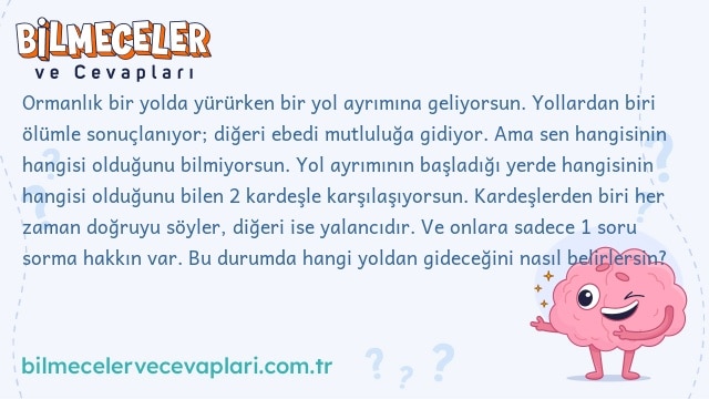 Ormanlık bir yolda yürürken bir yol ayrımına geliyorsun. Yollardan biri ölümle sonuçlanıyor; diğeri ebedi mutluluğa gidiyor. Ama sen hangisinin hangisi olduğunu bilmiyorsun. Yol ayrımının başladığı yerde hangisinin hangisi olduğunu bilen 2 kardeşle karşılaşıyorsun. Kardeşlerden biri her zaman doğruyu söyler, diğeri ise yalancıdır. Ve onlara sadece 1 soru sorma hakkın var. Bu durumda hangi yoldan gideceğini nasıl belirlersin?