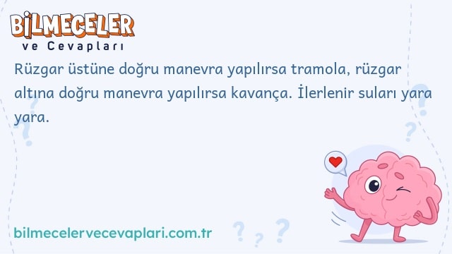 Rüzgar üstüne doğru manevra yapılırsa tramola, rüzgar altına doğru manevra yapılırsa kavança. İlerlenir suları yara yara.