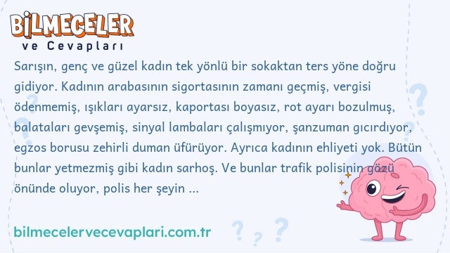 Sarışın, genç ve güzel kadın tek yönlü bir sokaktan ters yöne doğru gidiyor. Kadının arabasının sigortasının zamanı geçmiş, vergisi ödenmemiş, ışıkları ayarsız, kaportası boyasız, rot ayarı bozulmuş, balataları gevşemiş, sinyal lambaları çalışmıyor, şanzuman gıcırdıyor, egzos borusu zehirli duman üfürüyor. Ayrıca kadının ehliyeti yok. Bütün bunlar yetmezmiş gibi kadın sarhoş. Ve bunlar trafik polisinin gözü önünde oluyor, polis her şeyin ayrımında. Ama polis kadını durdurmuyor. Neden?