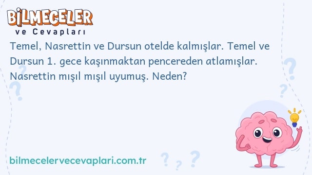 Temel, Nasrettin ve Dursun otelde kalmışlar. Temel ve Dursun 1. gece kaşınmaktan pencereden atlamışlar. Nasrettin mışıl mışıl uyumuş. Neden?