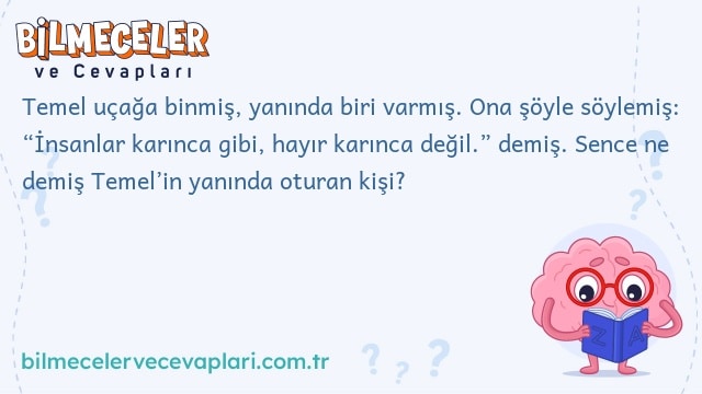 Temel uçağa binmiş, yanında biri varmış. Ona şöyle söylemiş: “İnsanlar karınca gibi, hayır karınca değil.” demiş. Sence ne demiş Temel’in yanında oturan kişi?