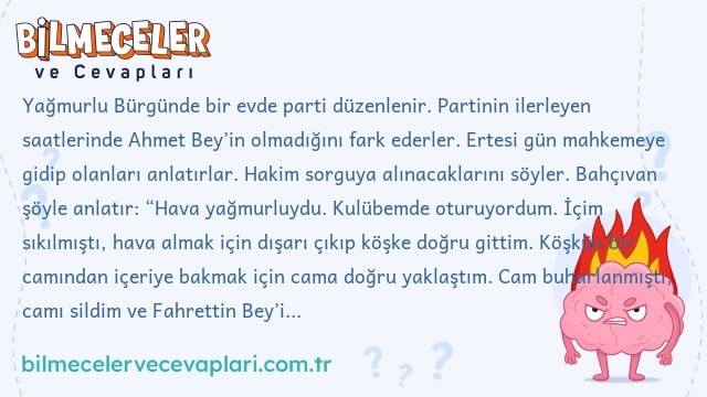 Yağmurlu Bürgünde bir evde parti düzenlenir. Partinin ilerleyen saatlerinde Ahmet Bey’in olmadığını fark ederler. Ertesi gün mahkemeye gidip olanları anlatırlar. Hakim sorguya alınacaklarını söyler. Bahçıvan şöyle anlatır: “Hava yağmurluydu. Kulübemde oturuyordum. İçim sıkılmıştı, hava almak için dışarı çıkıp köşke doğru gittim. Köşkün bir camından içeriye bakmak için cama doğru yaklaştım. Cam buharlanmıştı, camı sildim ve Fahrettin Bey’i cinayeti işlerken gördüm” der. Sonra hakim “yalan söylüyorsun ve katil sensin” der. Sizce neden hakim böyle söyledi?