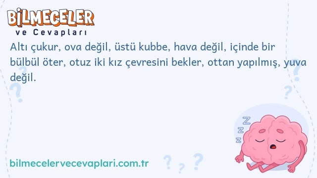 Altı çukur, ova değil, üstü kubbe, hava değil, içinde bir bülbül öter, otuz iki kız çevresini bekler, ottan yapılmış, yuva değil.