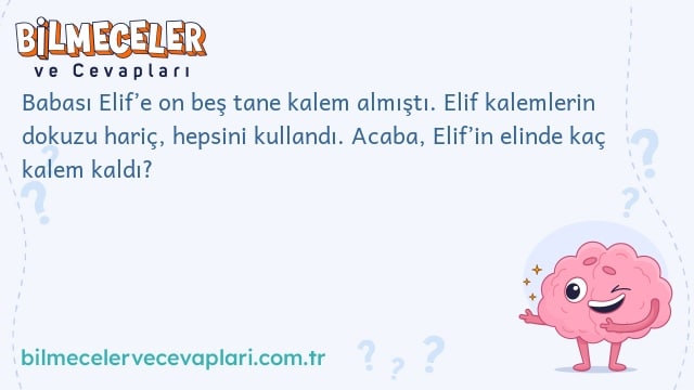 Babası Elif’e on beş tane kalem almıştı. Elif kalemlerin dokuzu hariç, hepsini kullandı. Acaba, Elif’in elinde kaç kalem kaldı?