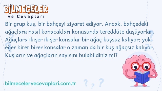 Bir grup kuş, bir bahçeyi ziyaret ediyor. Ancak, bahçedeki ağaçlara nasıl konacakları konusunda tereddüte düşüyorlar. Ağaçlara ikişer ikişer konsalar bir ağaç kuşsuz kalıyor; yok eğer birer birer konsalar o zaman da bir kuş ağaçsız kalıyor. Kuşların ve ağaçların sayısını bulabildiniz mi?