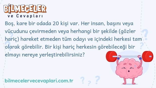 Boş, kare bir odada 20 kişi var. Her insan, başını veya vücudunu çevirmeden veya herhangi bir şekilde (gözler hariç) hareket etmeden tüm odayı ve içindeki herkesi tam olarak görebilir. Bir kişi hariç herkesin görebileceği bir elmayı nereye yerleştirebilirsiniz?