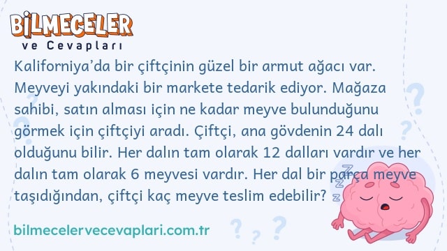 Kaliforniya’da bir çiftçinin güzel bir armut ağacı var. Meyveyi yakındaki bir markete tedarik ediyor. Mağaza sahibi, satın alması için ne kadar meyve bulunduğunu görmek için çiftçiyi aradı. Çiftçi, ana gövdenin 24 dalı olduğunu bilir. Her dalın tam olarak 12 dalları vardır ve her dalın tam olarak 6 meyvesi vardır. Her dal bir parça meyve taşıdığından, çiftçi kaç meyve teslim edebilir?